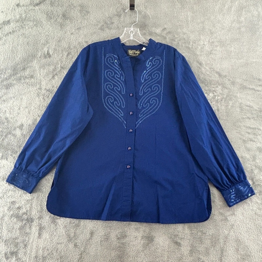 Bob Mackie‎ Sequin Tunic Top Womens L Blue Button Blouse Long Sleeve Split Hem